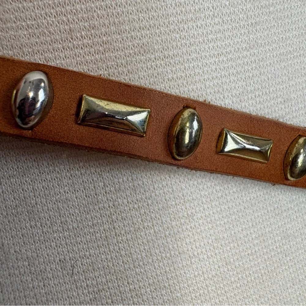 Light Brown Tan Leather Belt Goldtone‎ Silvertone Studded Skinny Belt Bohemian
